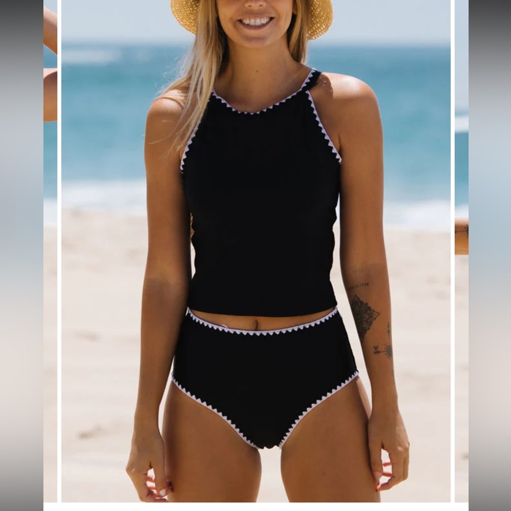 Beachsissi black White Trim Round Neck Black Tankini Set size large new with tag
